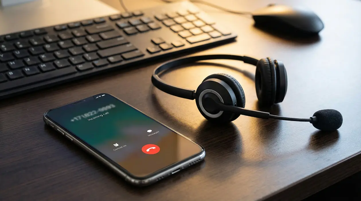 Smartphone con chiamata in arrivo e cuffie con microfono su una scrivania, tema call center e telefonate indesiderate