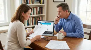 Due professionisti valutano curriculum e opportunità di carriera al tavolo con laptop e documenti