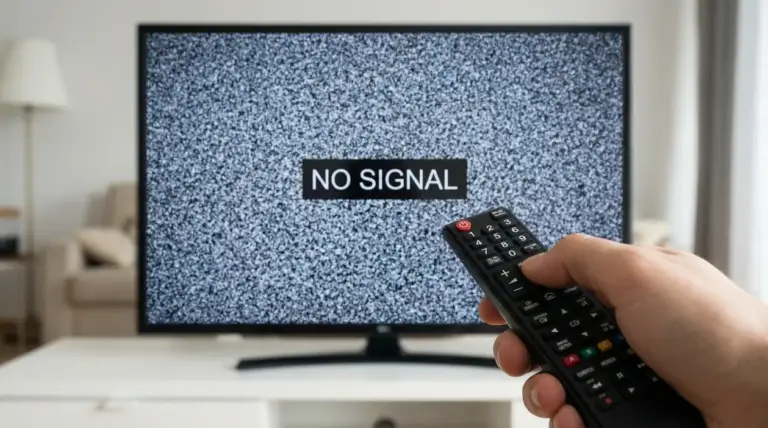 Televisore con schermata senza segnale e mano con telecomando, simbolo dei canali del digitale terrestre non visibili