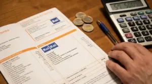 Bolletta della luce con voce canone Rai, calcolatrice, monete e una mano su un tavolo