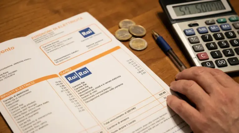 Bolletta della luce con voce canone Rai, calcolatrice, monete e una mano su un tavolo