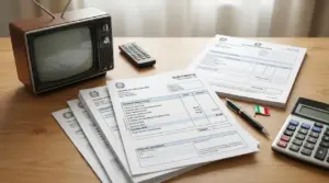 Vecchio televisore con bollette elettriche e calcolatrice su un tavolo, tema canone TV in bolletta