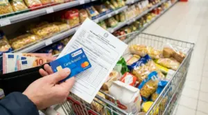 Persona con Carta Acquisti, contanti e modulo ISEE davanti a un carrello della spesa al supermercato