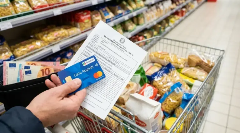 Persona con Carta Acquisti, contanti e modulo ISEE davanti a un carrello della spesa al supermercato