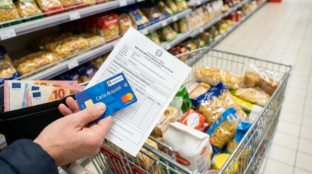 Persona con Carta Acquisti, contanti e modulo ISEE davanti a un carrello della spesa al supermercato