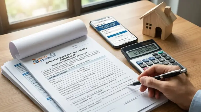 Contratto di locazione con cedolare secca, calcolatrice, smartphone e casetta su un tavolo