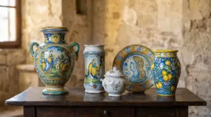 Collezione di ceramiche antiche italiane dipinte a mano con vasi e piatto decorato su tavolo rustico