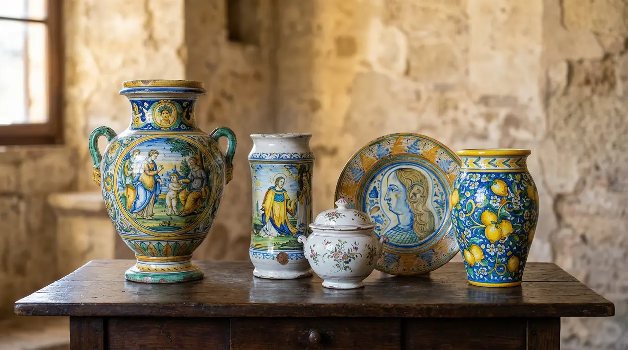 Collezione di ceramiche antiche italiane dipinte a mano con vasi e piatto decorato su tavolo rustico