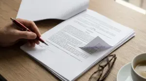 Mano con penna pronta a firmare un contratto di lavoro su un tavolo, con clausola nascosta tra le pagine