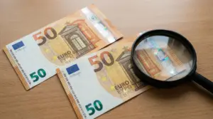 Due banconote da 50 euro su un tavolo con una lente d’ingrandimento per controllare i dettagli di sicurezza