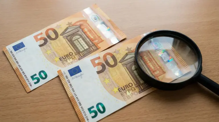 Due banconote da 50 euro su un tavolo con una lente d’ingrandimento per controllare i dettagli di sicurezza