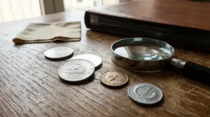 Monete italiane da collezione con lente d’ingrandimento su un tavolo, per riconoscere una moneta rara