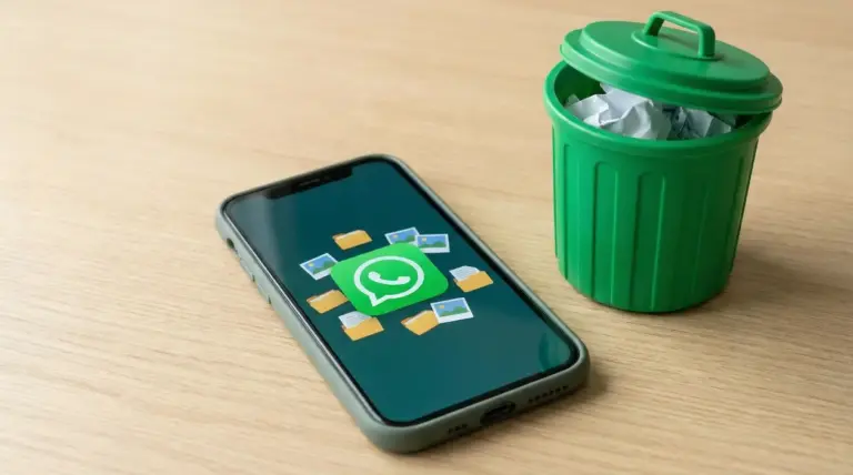 Smartphone con WhatsApp e file multimediali accanto a un cestino, simbolo di memoria piena da liberare