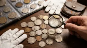 Persona esamina monete antiche con una lente su un tavolo, accanto a album da collezione e guanti bianchi.