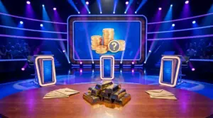 Studio di un quiz televisivo con podi, pubblico e simboli di denaro, in riferimento ai compensi dei concorrenti