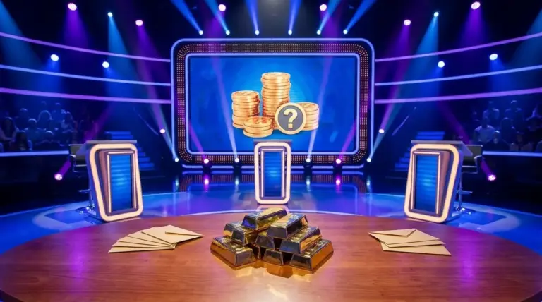 Studio di un quiz televisivo con podi, pubblico e simboli di denaro, in riferimento ai compensi dei concorrenti