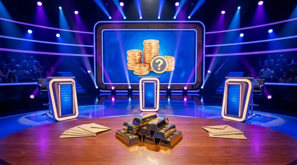 Studio di un quiz televisivo con podi, pubblico e simboli di denaro, in riferimento ai compensi dei concorrenti