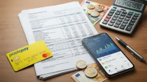 Documenti finanziari postali con Postepay, smartphone, calcolatrice, banconote e monete in euro su un tavolo