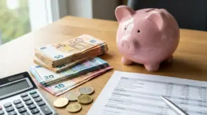 Salvadanaio rosa con banconote in euro, monete, calcolatrice e documento finanziario su un tavolo