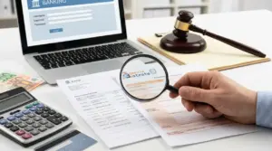 Lente d’ingrandimento su documenti bancari accanto a laptop, calcolatrice e martelletto, tema controlli sul conto corrente