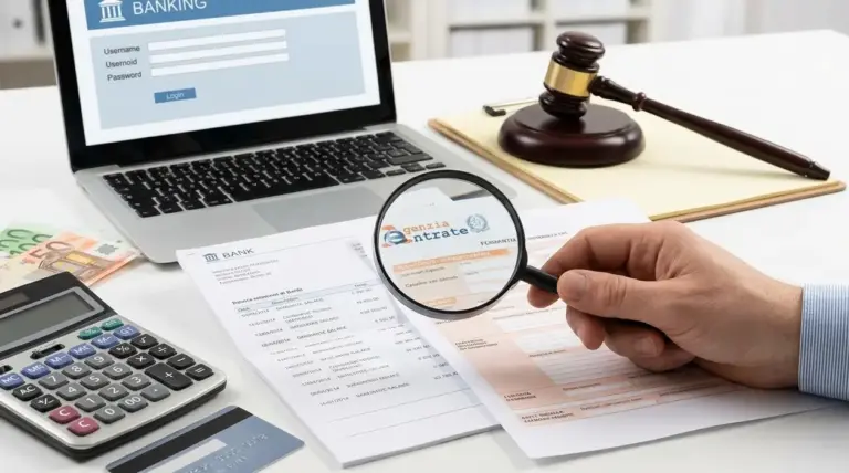 Lente d’ingrandimento su documenti bancari accanto a laptop, calcolatrice e martelletto, tema controlli sul conto corrente