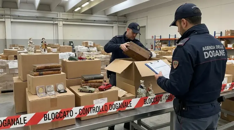 Funzionari doganali controllano pacchi con oggetti da collezione in un magazzino doganale