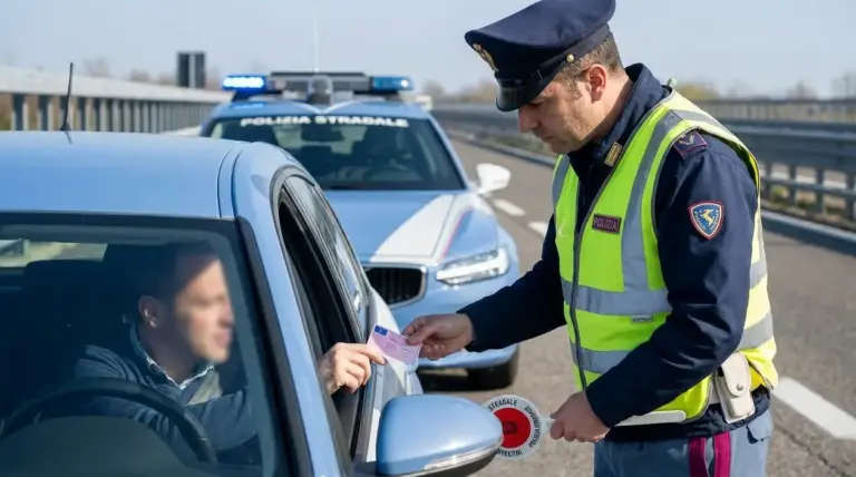 Poliziotto della stradale controlla la patente di un automobilista durante un posto di blocco in autostrada