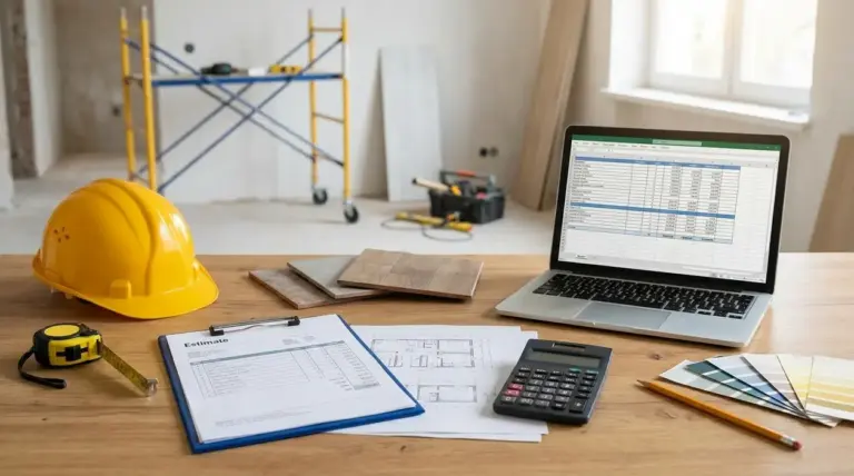 Preventivo per ristrutturazione casa con casco, metro, campioni materiali, calcolatrice e laptop in cantiere