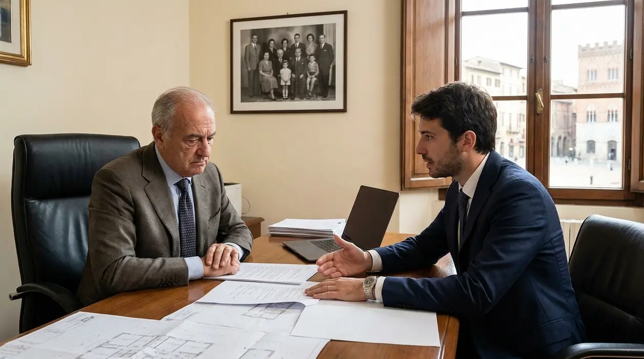 Due uomini in ufficio discutono documenti, simbolo della crisi nel passaggio generazionale di un’azienda familiare