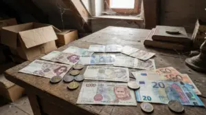 Vecchie lire e banconote in euro su un tavolo polveroso in soffitta, accanto a monete e scatole