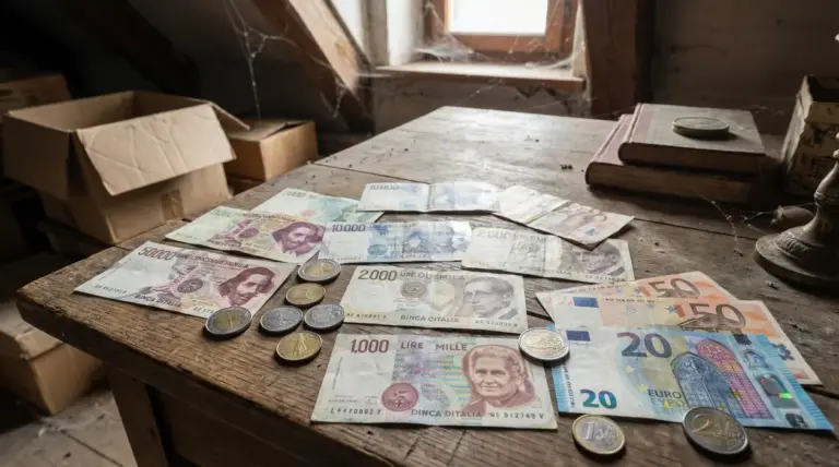 Vecchie lire e banconote in euro su un tavolo polveroso in soffitta, accanto a monete e scatole