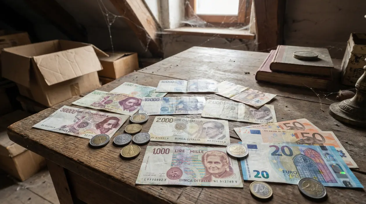 Vecchie lire e banconote in euro su un tavolo polveroso in soffitta, accanto a monete e scatole