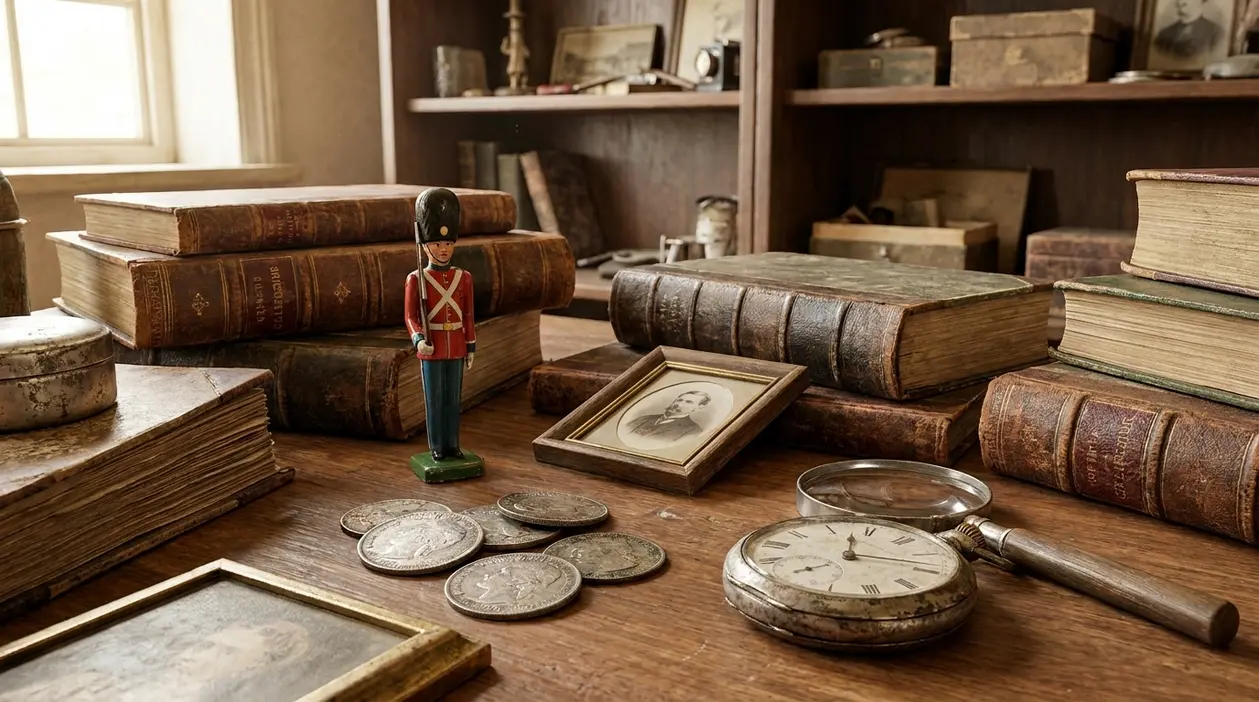 Libri antichi, monete, una lente e un orologio da tasca su un tavolo con oggetti da collezione vintage