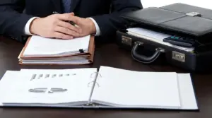 Professionista in ufficio con documenti e valigetta, simbolo di fallimento aziendale e responsabilità di soci e amministratori