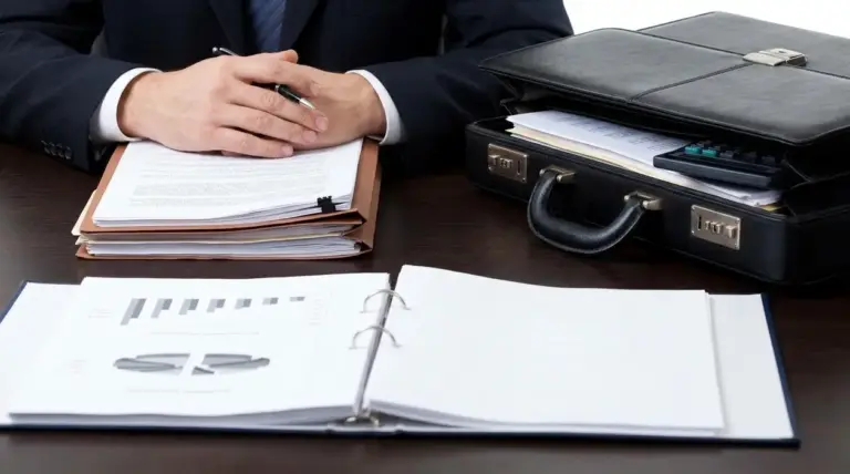 Professionista in ufficio con documenti e valigetta, simbolo di fallimento aziendale e responsabilità di soci e amministratori