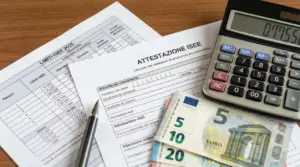 Documenti ISEE con calcolatrice, penna e banconote in euro su un tavolo, simbolo di bonus e agevolazioni