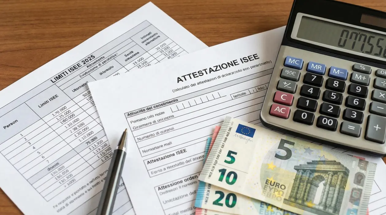 Documenti ISEE con calcolatrice, penna e banconote in euro su un tavolo, simbolo di bonus e agevolazioni