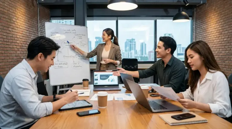 Gruppo di giovani professionisti in riunione startup mentre presenta idee e dati in ufficio moderno