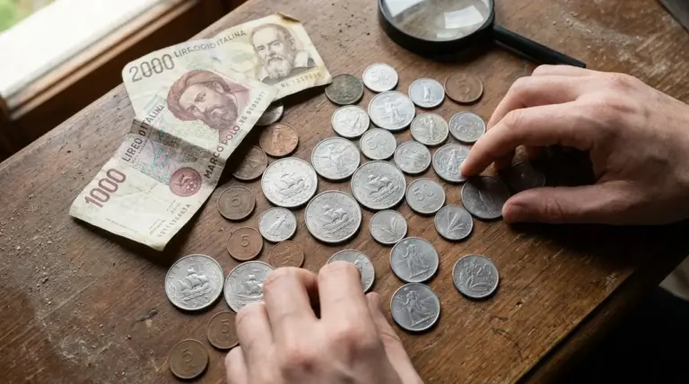 Vecchie lire italiane, banconote e monete, esaminate su un tavolo con una lente d’ingrandimento