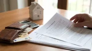Documenti immobiliari sul tavolo con portafoglio, contanti, calcolatrice e casetta, tema IMU sulla casa