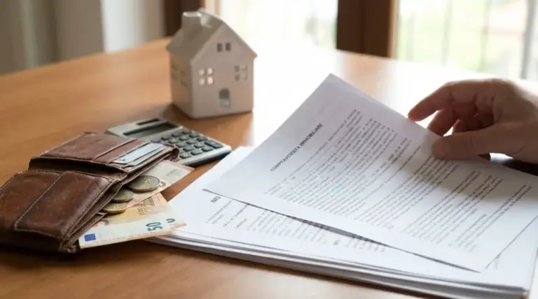 Documenti immobiliari sul tavolo con portafoglio, contanti, calcolatrice e casetta, tema IMU sulla casa