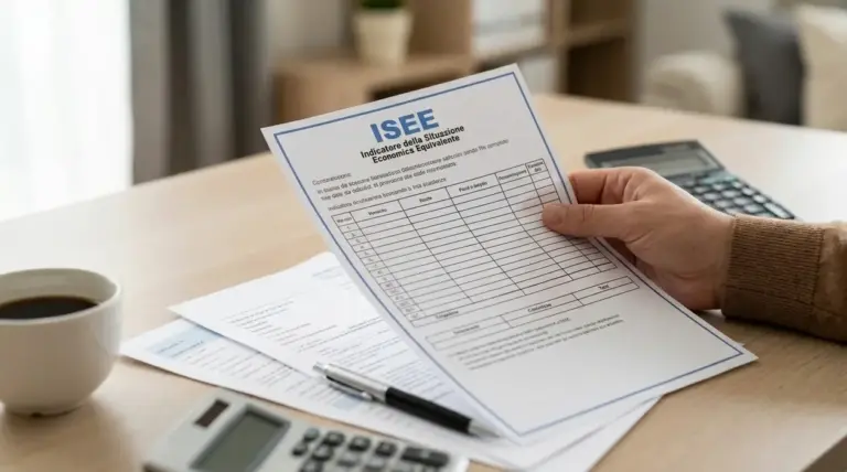 Persona che tiene un documento ISEE su una scrivania con calcolatrice e moduli per bonus e aiuti economici