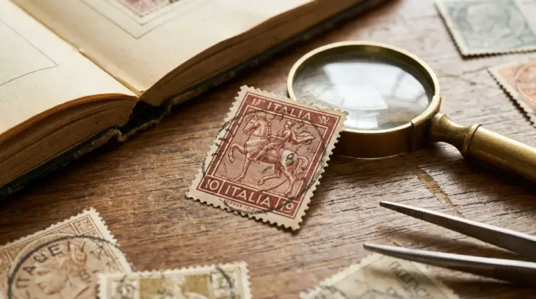 Francobolli antichi su tavolo con lente, album filatelico e pinzette da collezionista