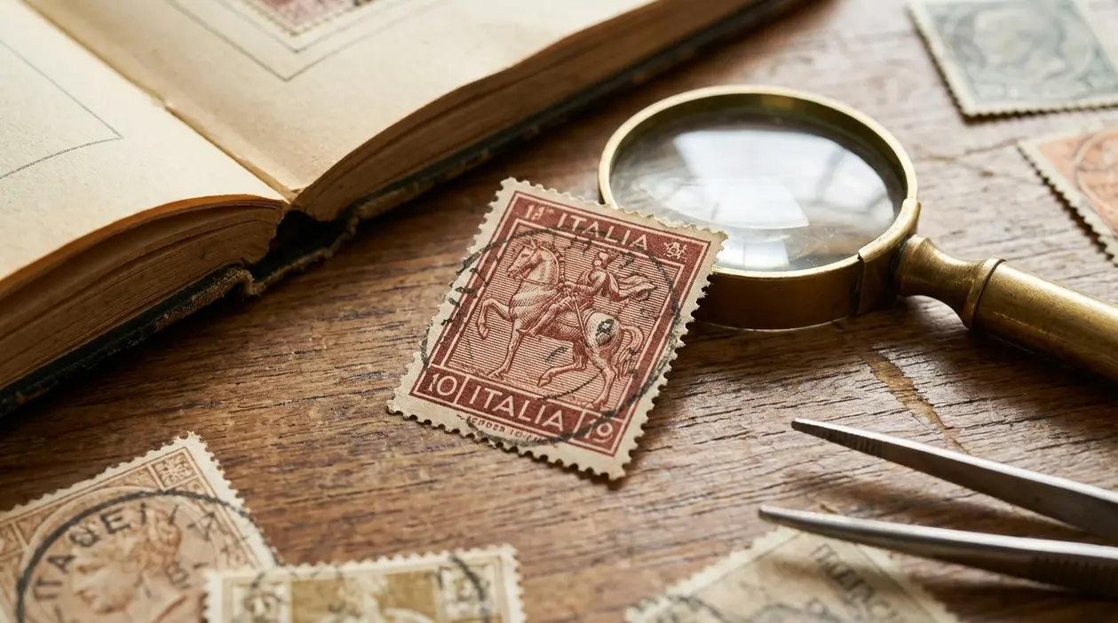 Francobolli antichi su tavolo con lente, album filatelico e pinzette da collezionista