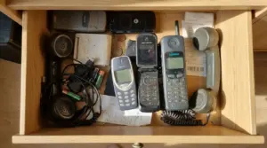 Vecchi telefoni cellulari e fissi conservati in un cassetto di legno, tra cavi, pile e monete