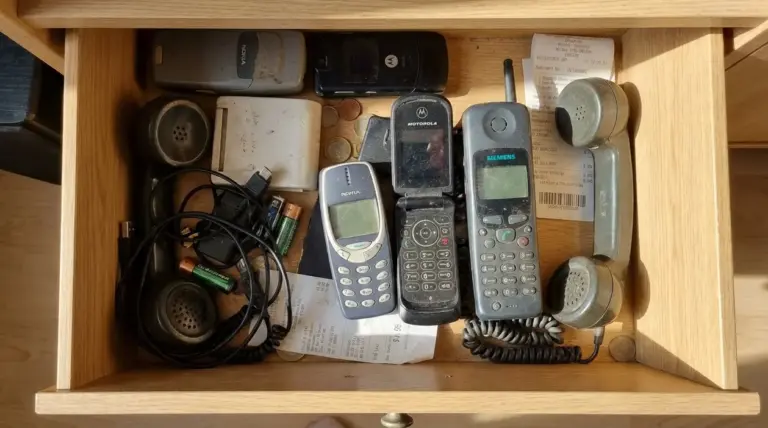 Vecchi telefoni cellulari e fissi conservati in un cassetto di legno, tra cavi, pile e monete