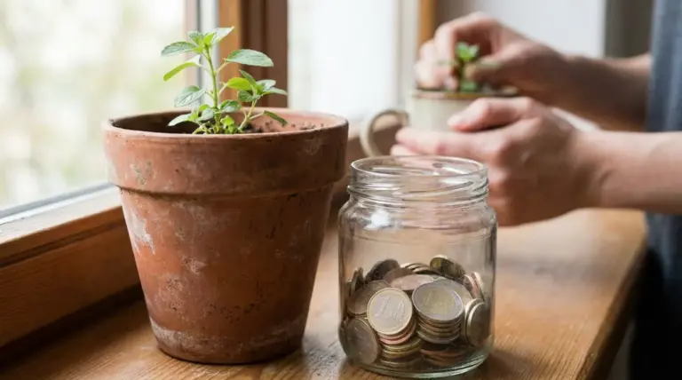 Vaso con piantina e barattolo pieno di monete su un davanzale, simbolo di risparmio e investimento domestico
