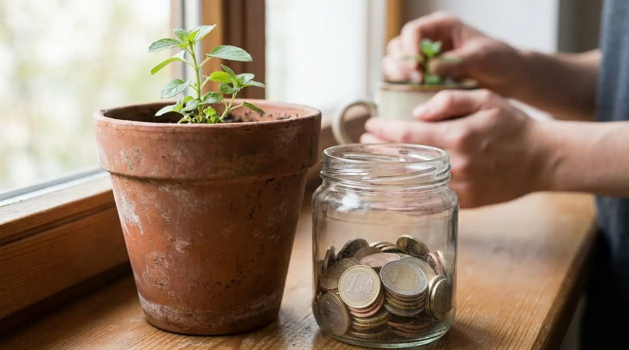 Vaso con piantina e barattolo pieno di monete su un davanzale, simbolo di risparmio e investimento domestico