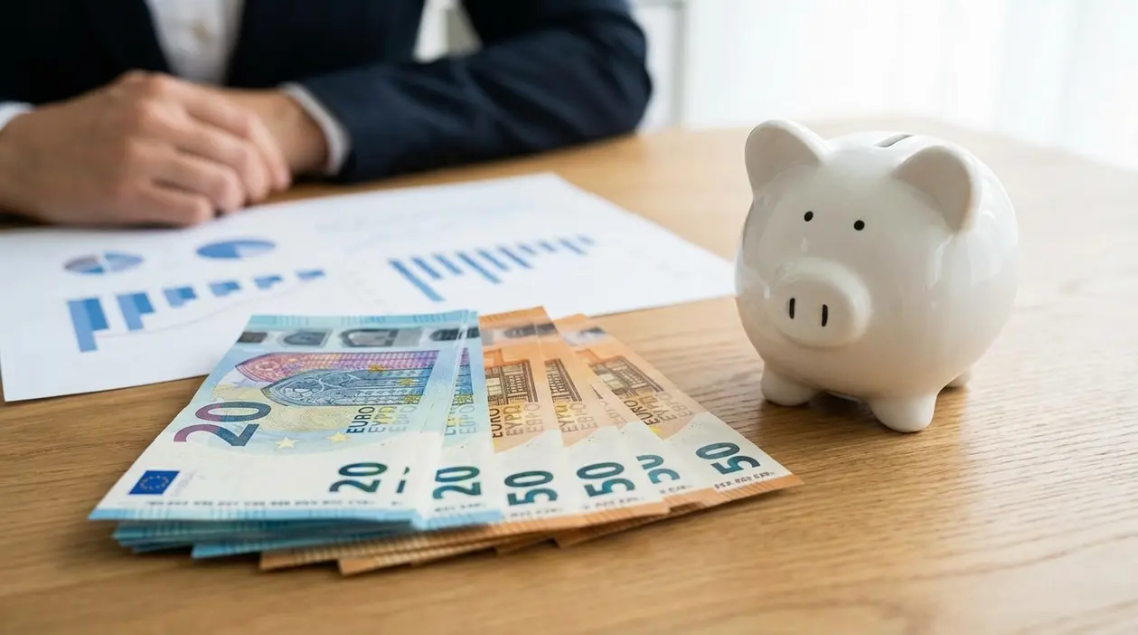 Salvadanaio bianco e banconote in euro su un tavolo con grafici finanziari, simbolo di investimento sicuro