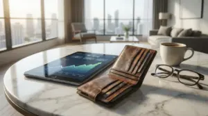 Tablet con grafico bancario, portafoglio e tazza su un tavolo in un elegante soggiorno con vista sulla città